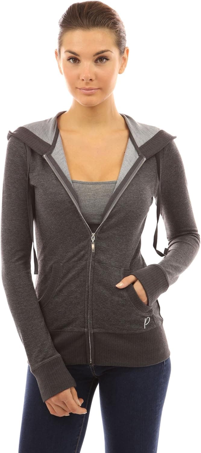 PattyBoutik Women Hoodie Pocket Zip Up Jacket (Heather Dark Gray Large)