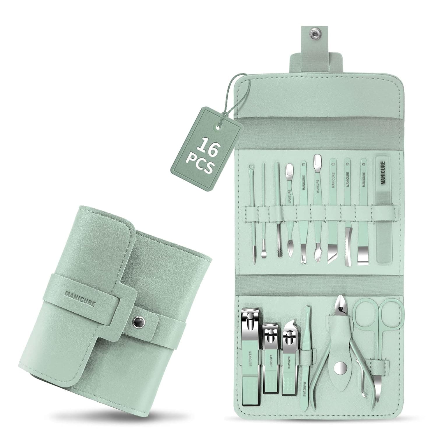 Tirdkid 2022 New Mens Manicure Set,16 in 1 Manicure Kit Professional Stainless Steel, Men's Manicure for Travel or Home (Mint Green)