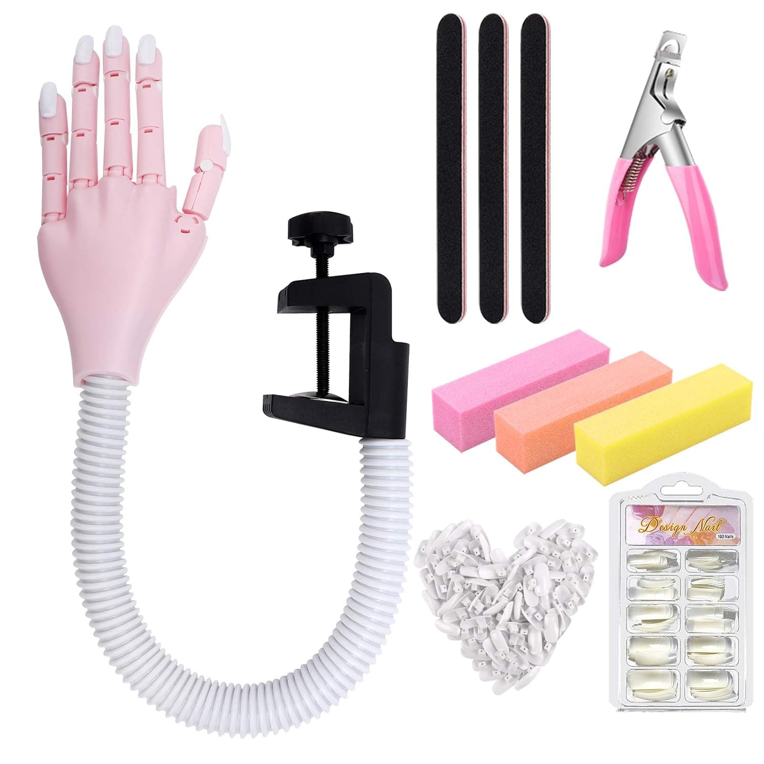 Practice Hand for Acrylic Nails-Flexible White Pink Nail Maniquin Hands Kits- Movable False Fake Nail Practice Hand Training Manicure DIY Print Practice Tool with Nail File, Clipper and Nail Tips