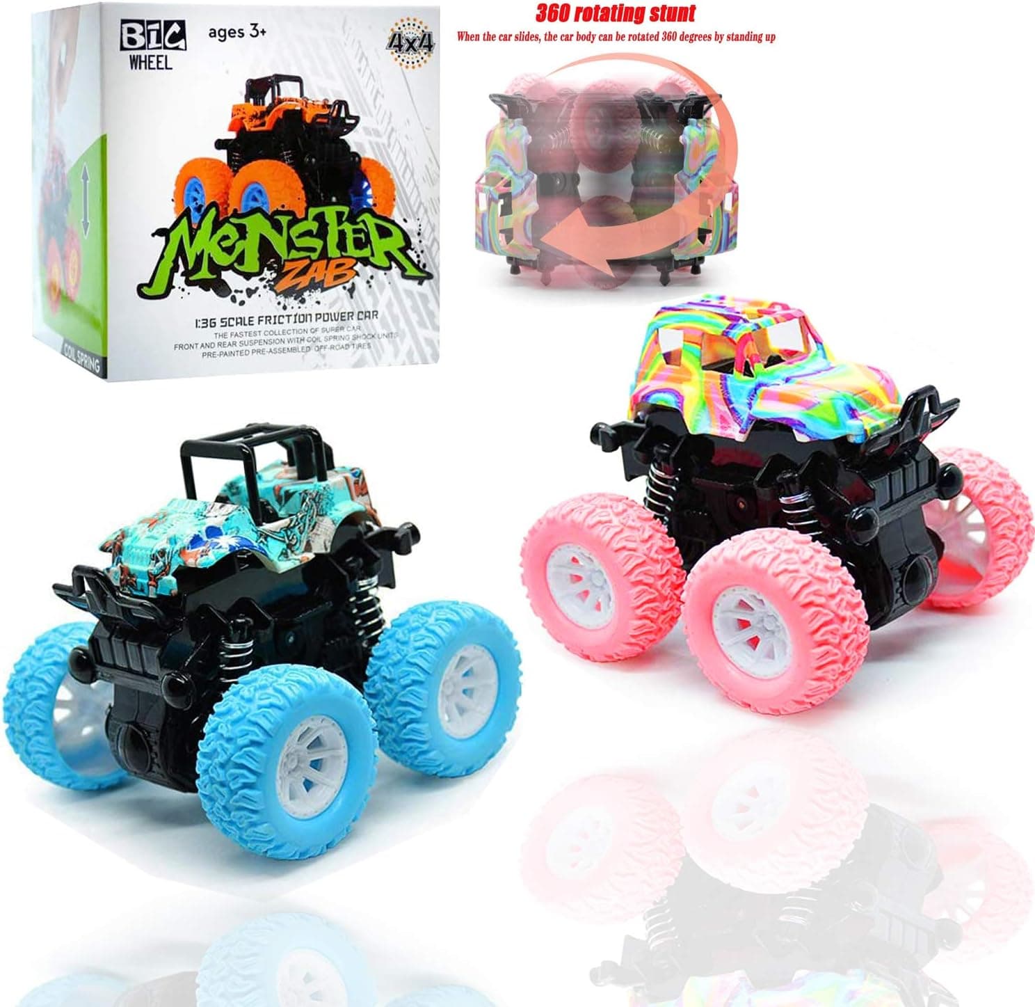 YQMYXG Monster Truck Toys Cars for Boys Toddlers 4 Wheels Drive Durable Friction Powered Car Toys for Kids Birthday Party 360 Degree Rotation Gift Suitable for Boys Girls Over 3 Years Old(Pink+Blue)