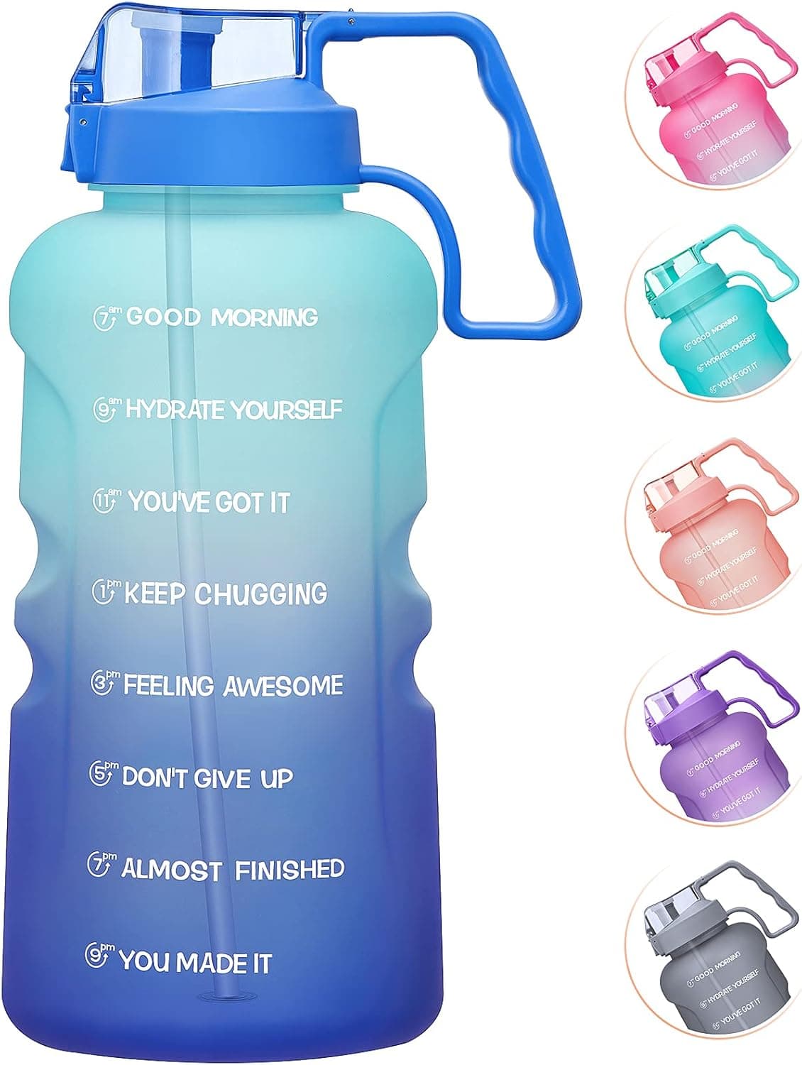 128oz Motivational Water Bottle - BPA Free Tritan Material & Removable Straw, Leafproof Durable Sports Water Bottle with Carrying Handle,Ideal for Gym,Fitness and Outdoor Sports (Ombre: Pacific Dream)