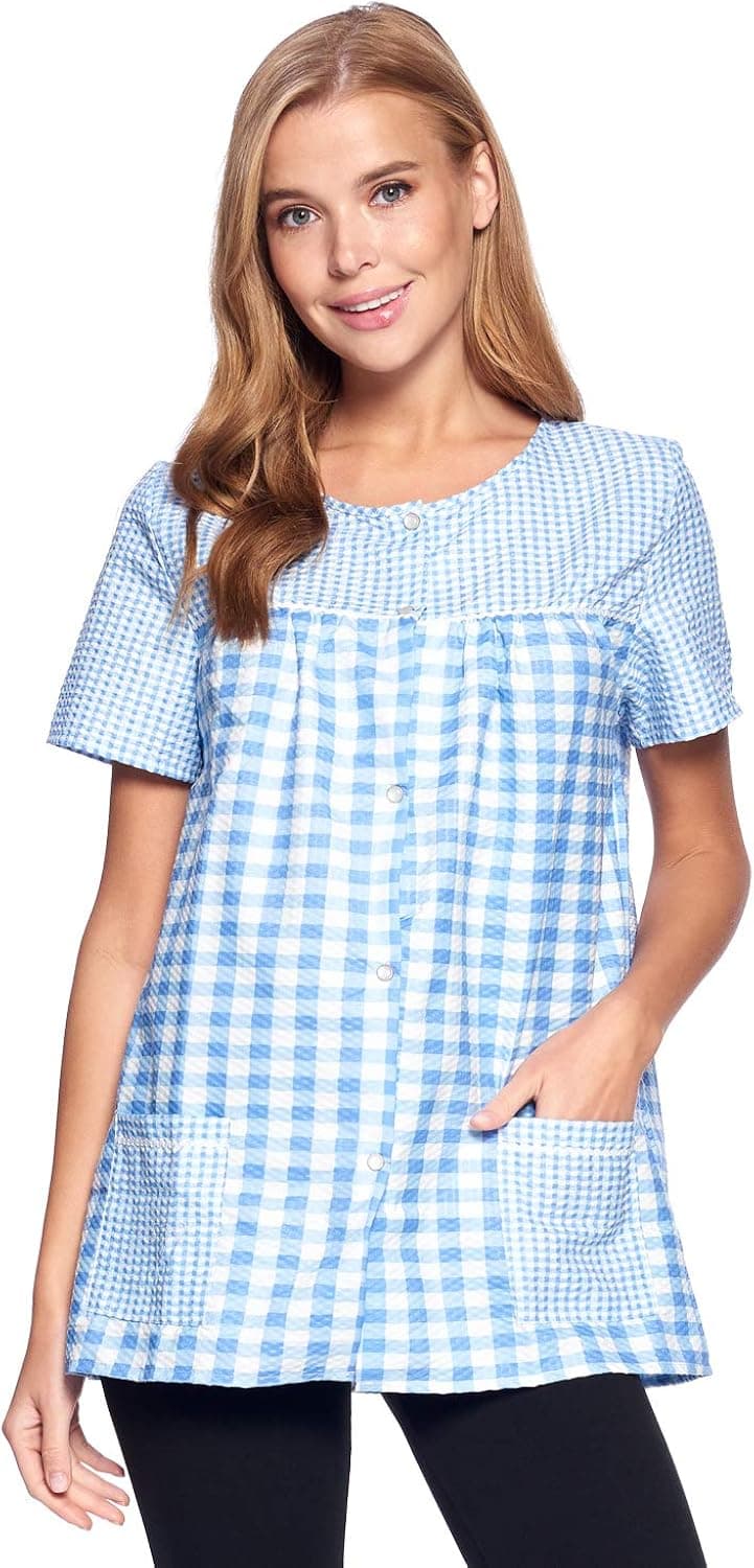 Casual Nights Women's Snap Front Smock Cobbler Woven Scrub Apron Top with Pockets