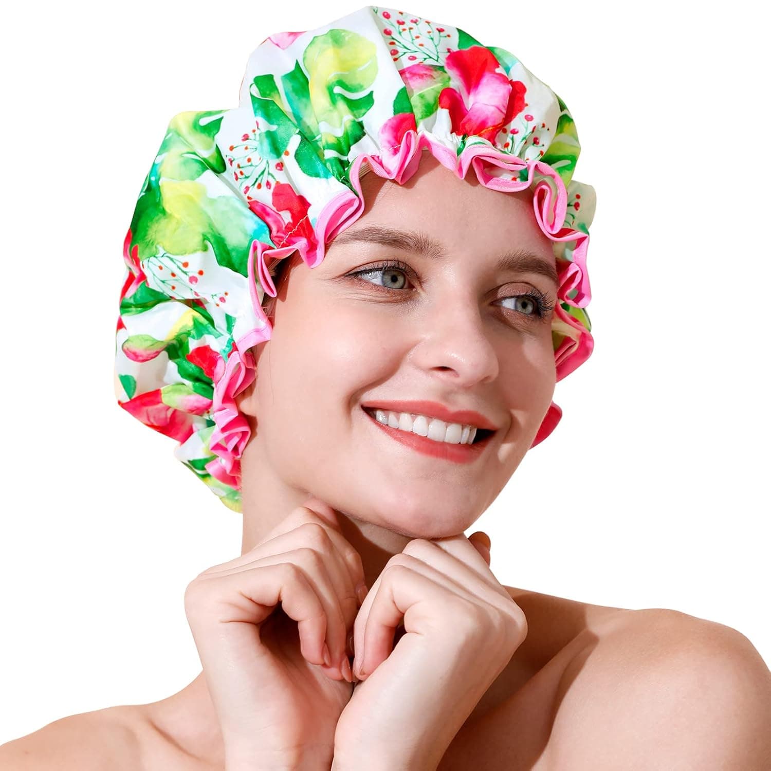 BEAUTAIL Shower Cap, Reusable Bath Shower Caps for Women Long Hair, Double Layer Waterproof Bathing Shower Hat Hair Protector for Kids Girls Men, Flowers, 1 Pack