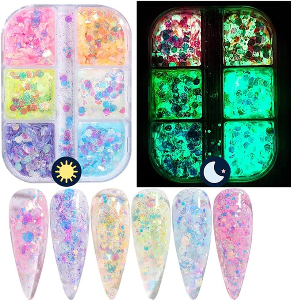 CAVAD Luminous Nail Sequins Fluorescent Nail Art Sequin Glow in Dark Flakes Acrylic Nail Decoration Sparkle Colorful Confetti Glitters Sheets Nail Art Accessories 6 Colors