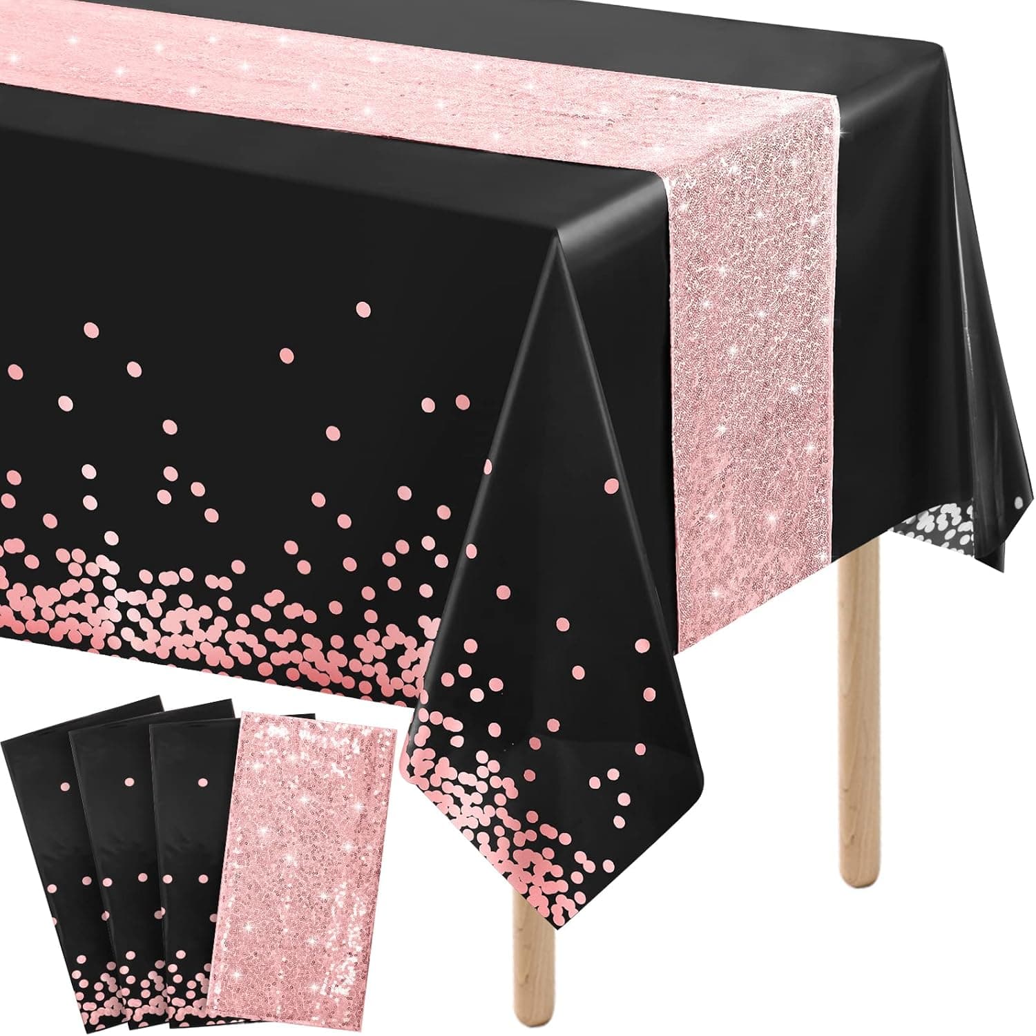4 Pack Tablecloth and Sequin Table Runner Set,Dots Confetti Table Cover Dining Rectangle Disposable Plastic Table Glitter Decorations for Birthday Wedding Anniversary Party Supplies (Black, Rose Gold)