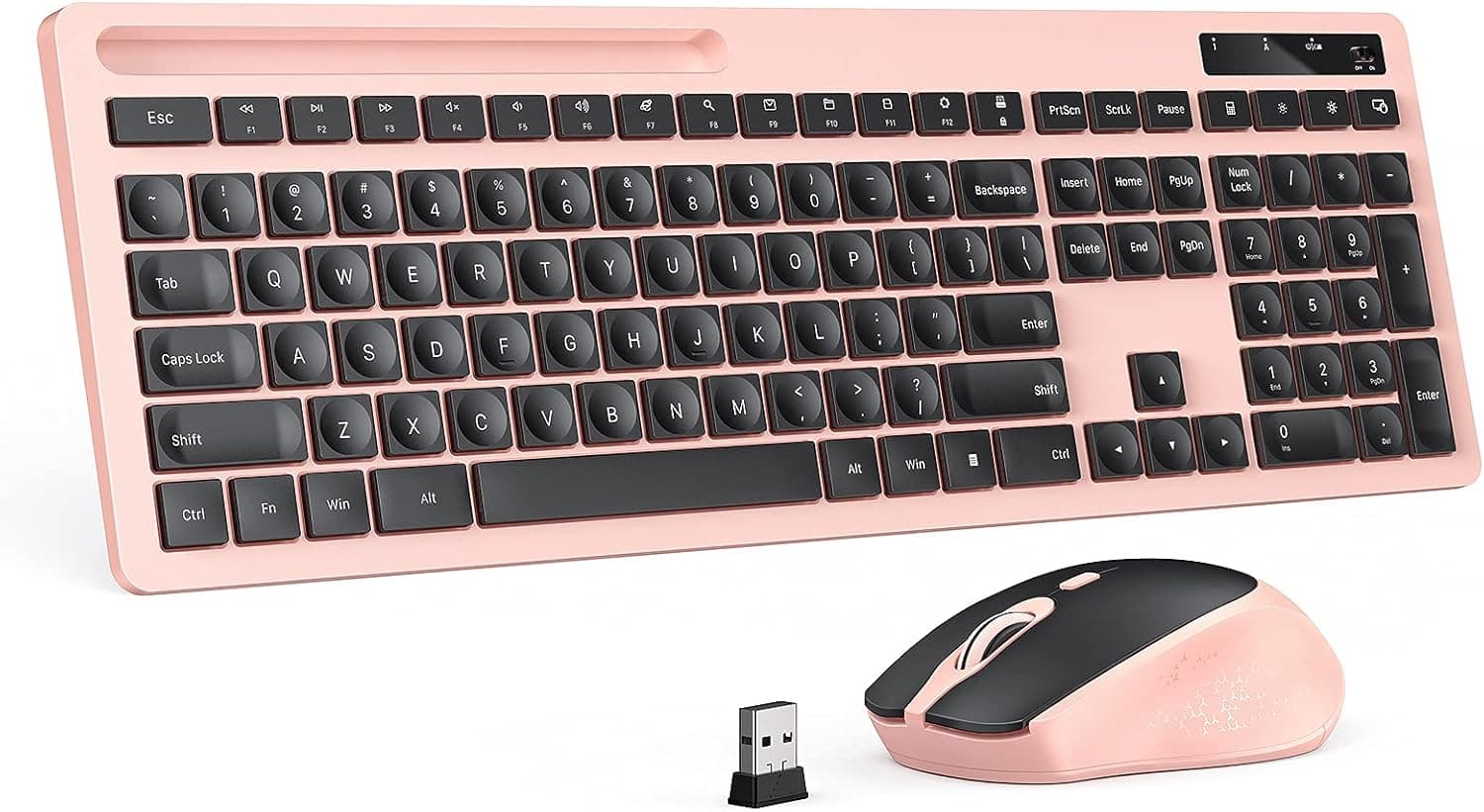 Wireless Keyboard and Mouse Combo - Keyboard with Phone Holder, VIVEFOX 2.4GHz Silent USB Wireless Keyboard Mouse Combo, Full-Size Keyboard and Mouse for Computer, Desktop and Laptop (Pink)