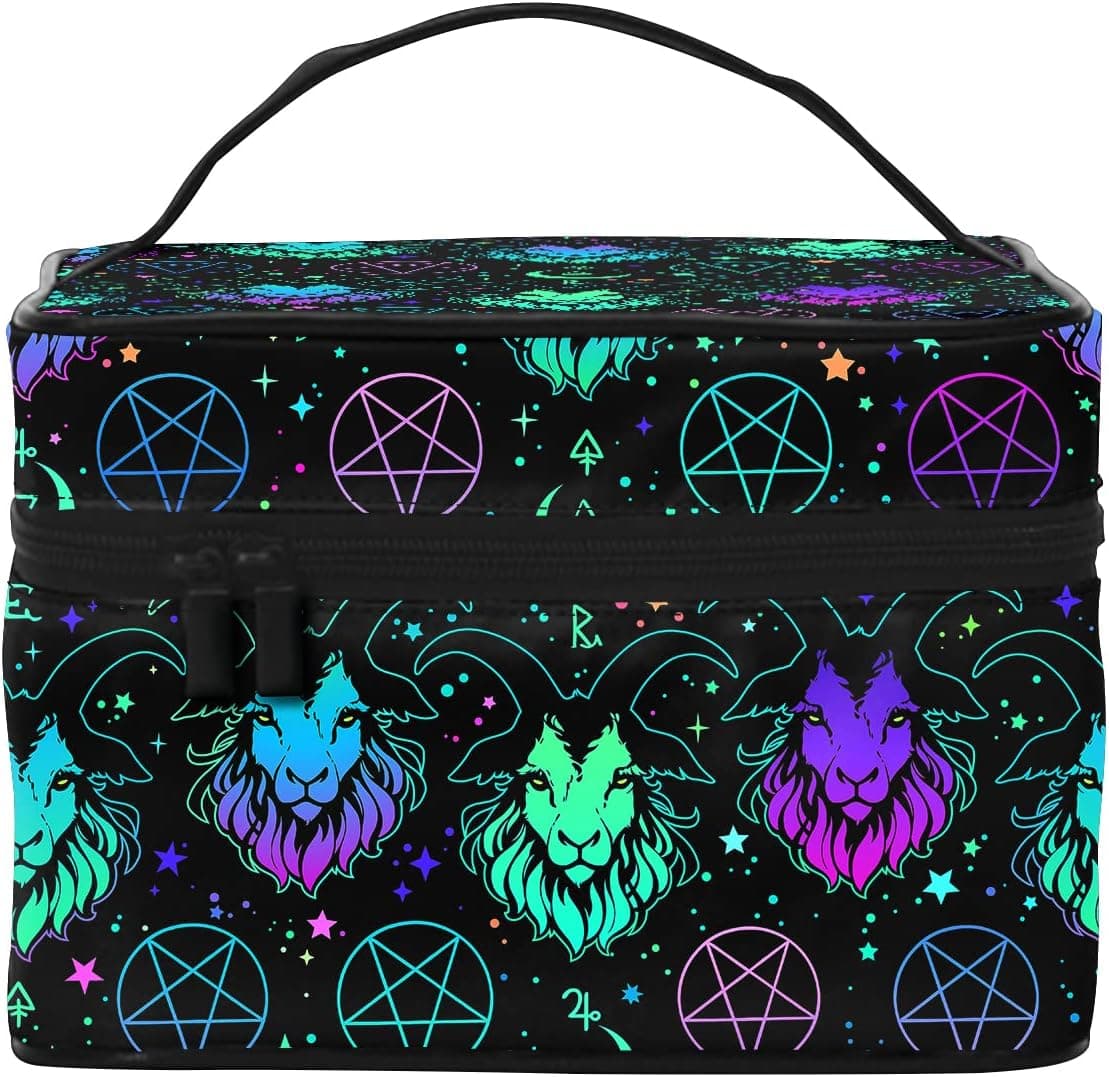 DASMUS Makeup Bag, Large Cosmetic Bag Goat and Pentagram Travel Cosmetic Bag, Make up Bag Portable Travel Toiletry Organizer Bag for Womens/Girls