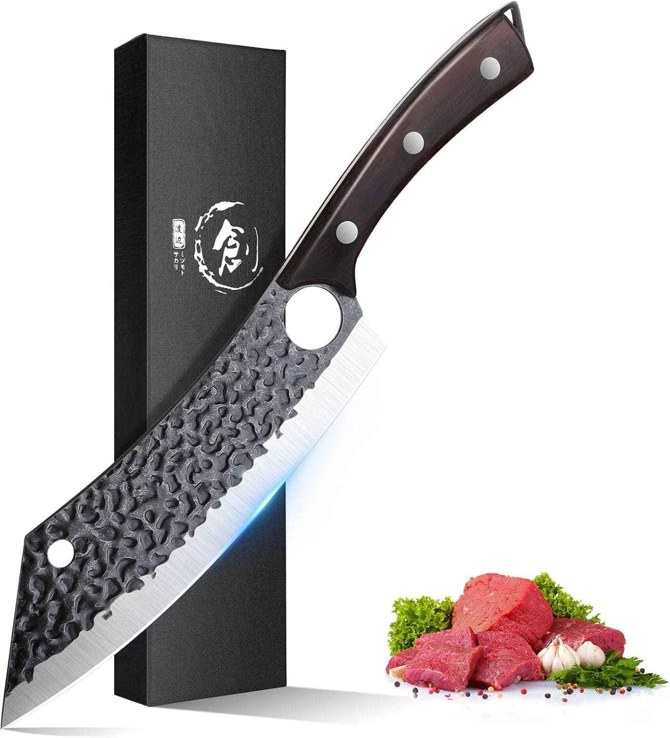 Hand Forged Butcher Knife,Multipurpose Chopping Knife for Meat and Vegetable Cutting,7.8"Hammered Carbon Steel Boning Knife,Japanese Chef Knife for Home Kitchen, Restaurant, BBQ, with Gift Box
