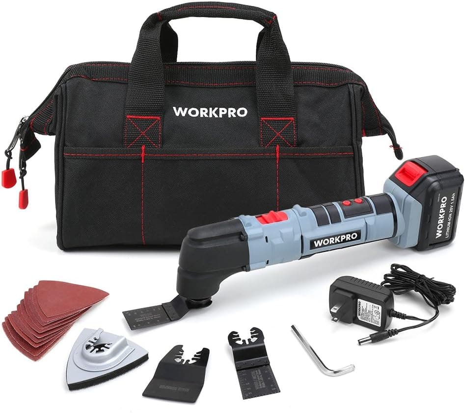 WORKPRO 20V Oscillating Multi-Tool Lithium-Ion Cordless with LED Variable Speed Universal Fit, Blades and Accessories 19-Piece Kit