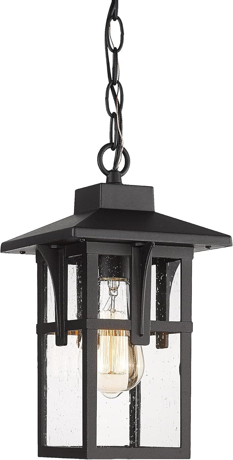 FEMILA Outdoor Pendant Light for Porch, 14" H 8.1" W Large Farmhouse Exterior Hanging Light Fixture with Adjustable Chain, Anti-Rust Black Frame with Seeded Glass, FX1H BK