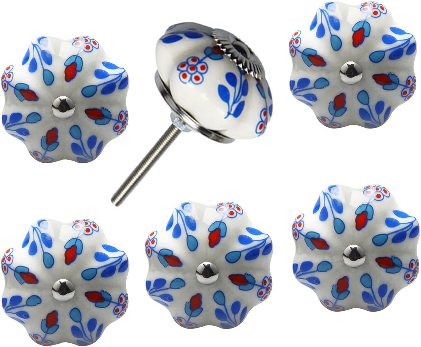 Ceramic Cabinets Drawer Pulls Knobs - White and Blue Kitchen Bathroom Cabinet Dresser Knobs Hardware, 6 Pack
