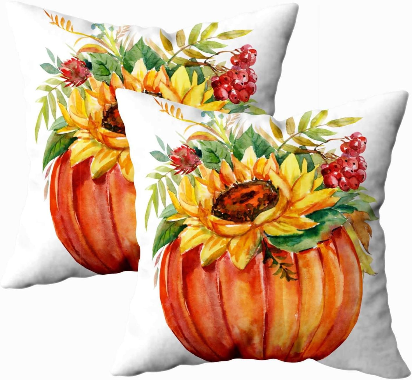 Shorping Throw Pillow Covers, Zippered Pillowcases 18X18Inch 2 Pack Camping Pillow Autumn Multicolored Bouquet of Sunflowers Dry Leaves Pumpkins Isolated White for Home Sofa