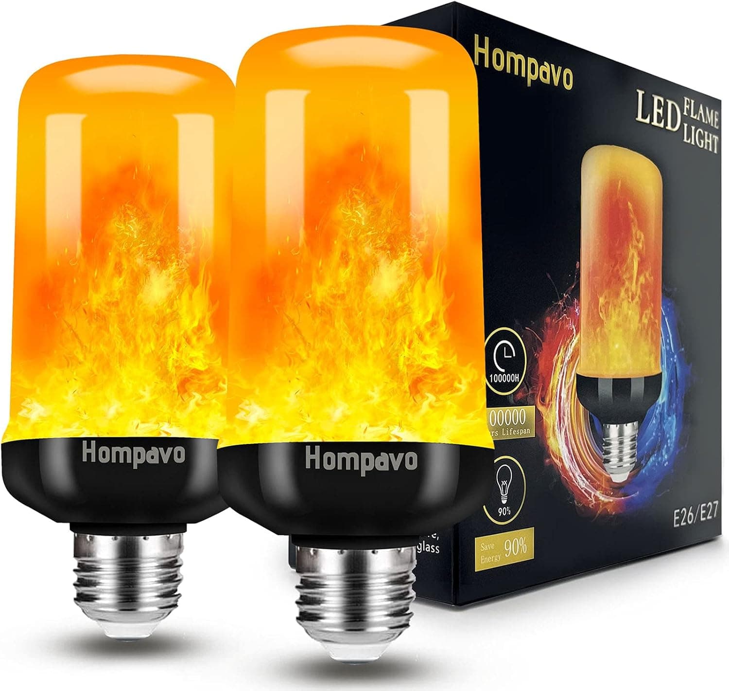 Hompavo 【Upgraded】 LED Flame Light Bulbs, 4 Modes Flickering Light Bulbs with Upside Down Effect, E26/E27 Base Flame Bulb for Halloween, Christmas, Party, Indoor and Outdoor Home Decoration (2 Pack)