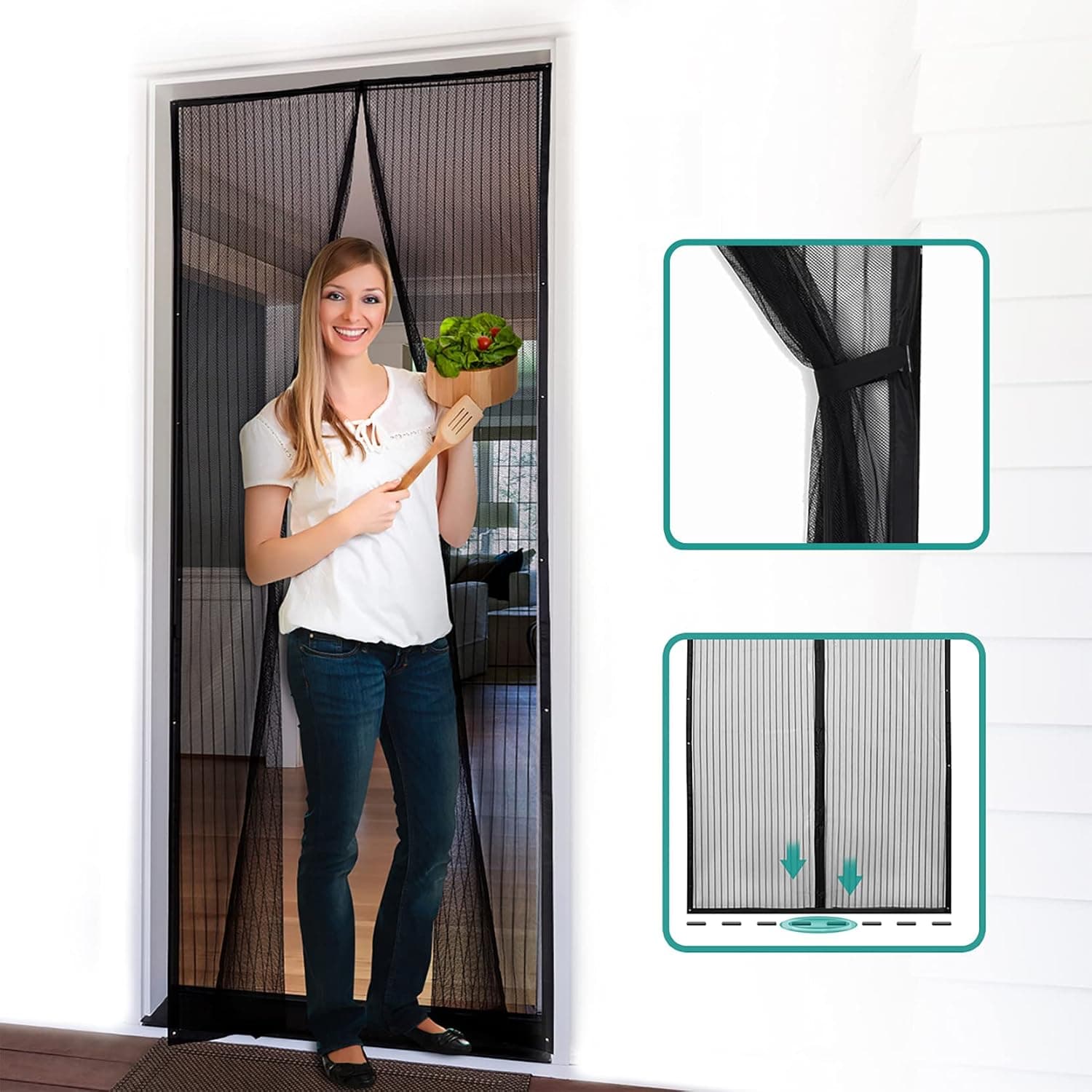 Magnetic Screen Door 36"x83"- Heavy-Duty Self-Sealing Mesh Screen Door with Magnets with 8 Gravity Sticks, 16 Push Pins, Frame Hook&Loop Strips, Fits Door Size up to 34" x 82" Max - Black