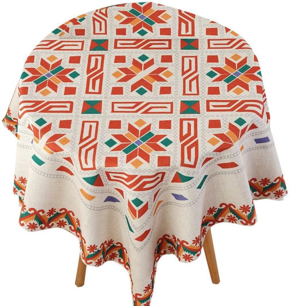 SUFCOMOU Linen Cotton Tablecloth for Rectangle Small Round Outdoor Table Washable Vintage Boho Pattern 55''x55