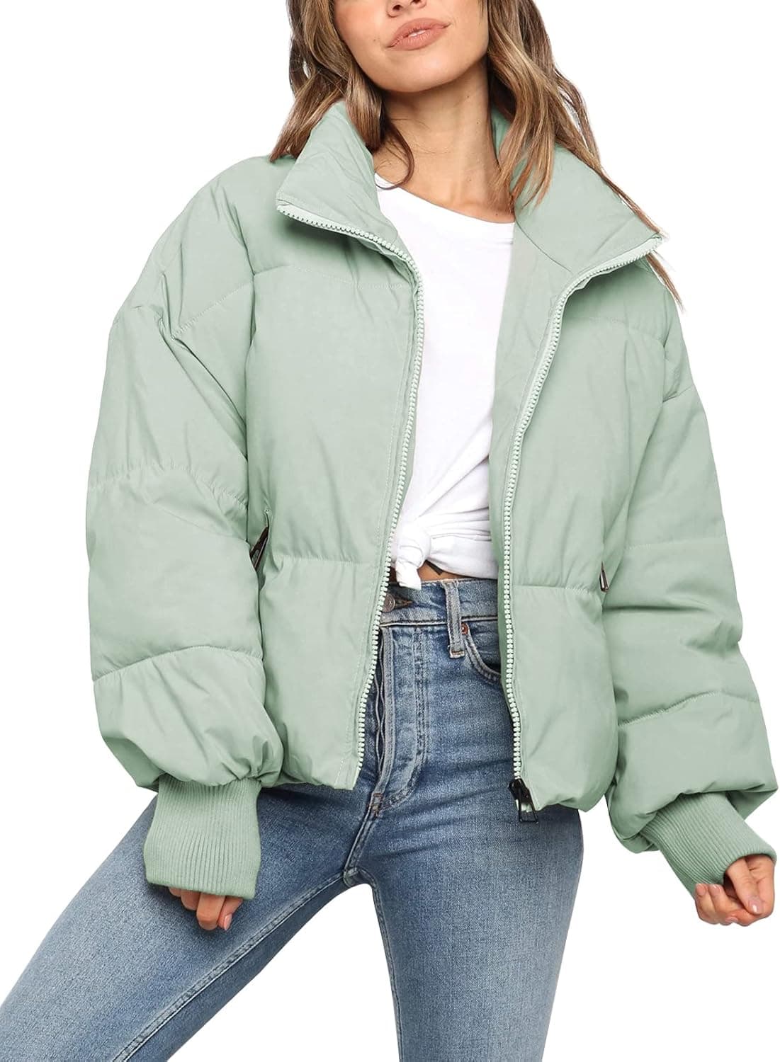 ZROZYL Women's Winter Puffer Down Jacket Long Sleeve Zipper Pockets Baggy Short Coats