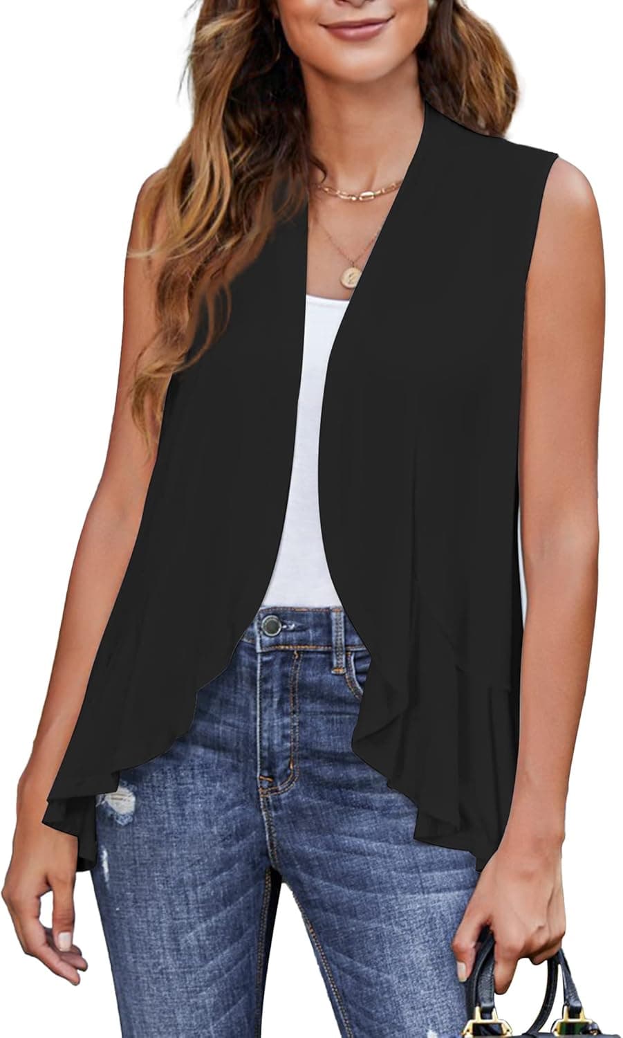 Zeagoo Women's Sleeveless Draped Open Front Cardigan Ruffles Hem Vest