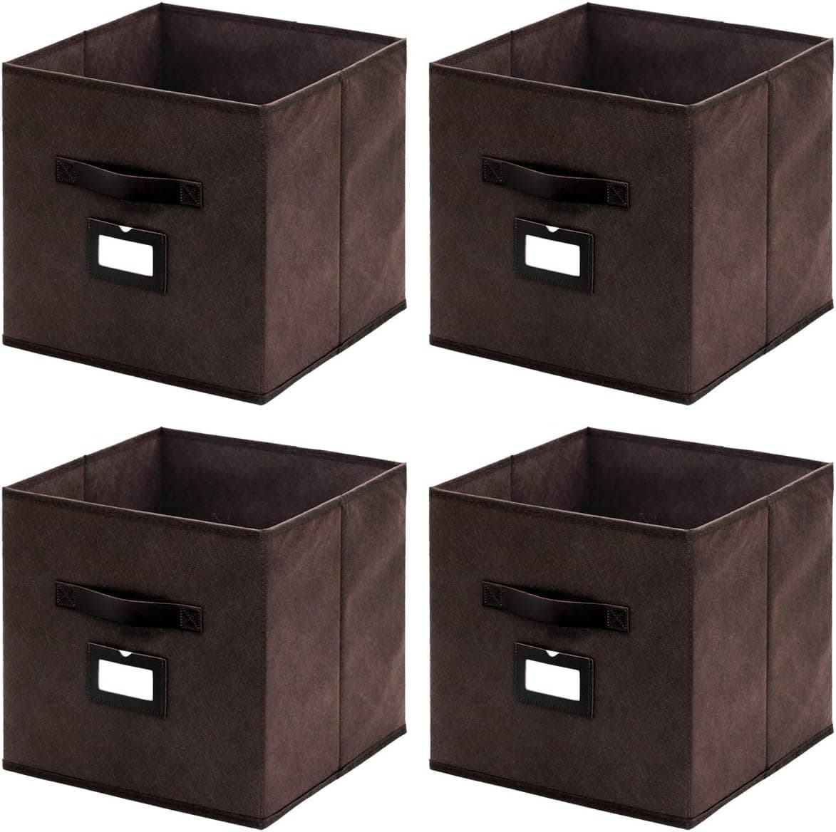 Onlyeasy Foldable Storage Bins Basket Cubes Cubby Bookcase Organizer Container Drawers with Leather Handles and Label Holders for Toys Clothes DVDs Books, 10.5x10.5x11 in, 4 Pack Coffee, 8MXKBS04PLP