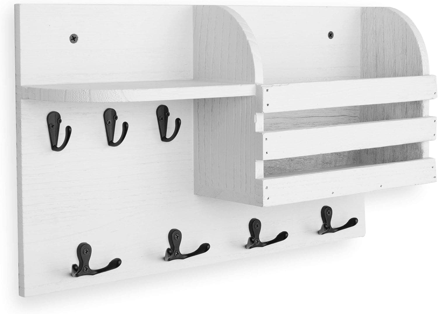 Wallniture Horta Mail & Key Holder for Wall, Farmhouse Decor Coat Rack Entryway Organizer with Hooks for Hanging Face Masks Wood Rustic White