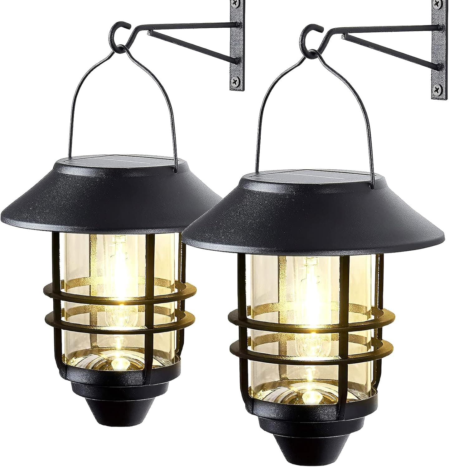 Solar Lantern Outdoor Lights,Hanging Solar Lights,Solar Lanterns Metal Waterproof Clear Glass & Hook Solar Outdoor Lights, Wall Lights Fixture Solar Garden Lights for Porch, Fence,Yard 2 Pack