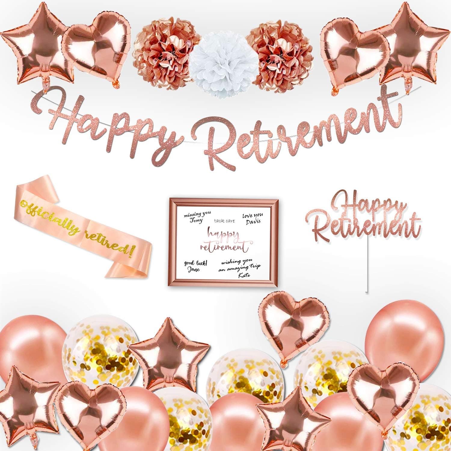 PATYFEIR Retirement Party Decorations for Women, Rose Gold Retirement Party Supplies, Rose Gold Happy Retirement Banner Cake Topper Sash Poster
