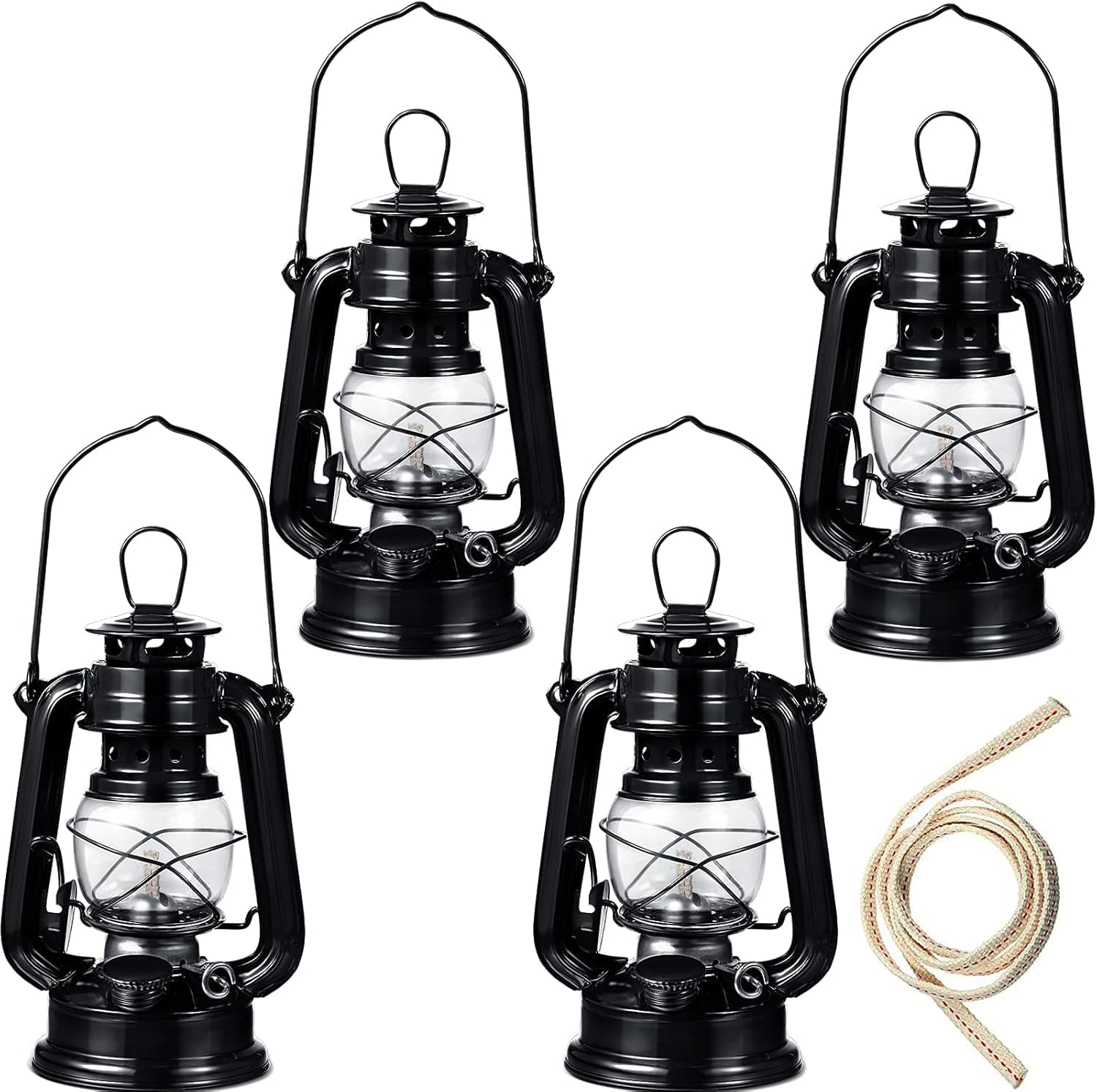 Small Kerosene Lantern Hurricane Lantern Oil Lamp 8 Inch Indoor Outdoor Hanging Lantern with Wick for Christmas Party Decorations Camping Hiking Backpacking Emergency (4 Pieces, Black)