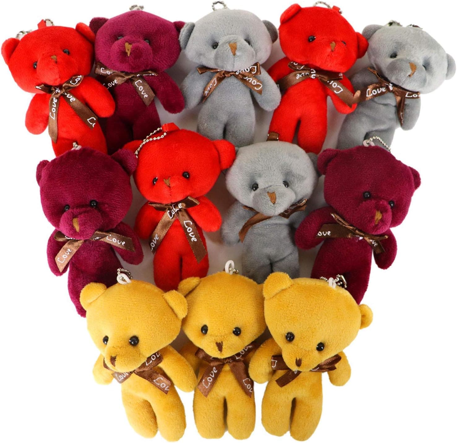 HAPTIME Bulk Teddy Bears, Small Teddy Bear with Keychain, Mini Stuffed Teddy Bear 1 Dozen, Tiny Soft Plush Toy for Wedding Decorations, Party Favors, Baby Shower, Stocking Stuffers (4 Colors / 12pcs)