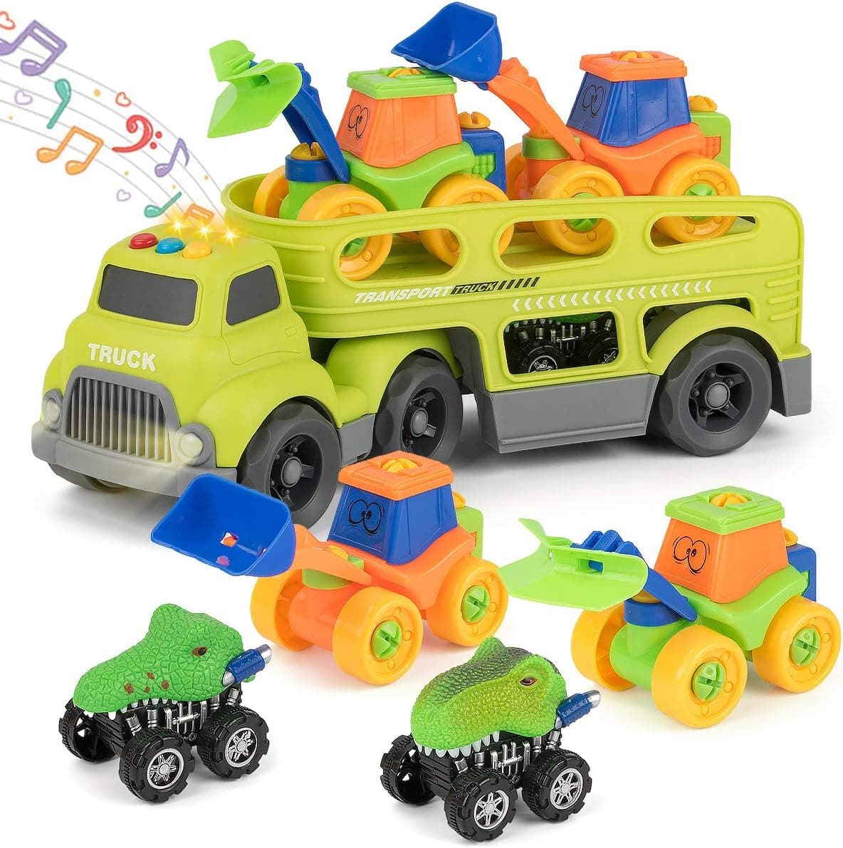 UNIH 5 Pack Cars Toys for 3 4 Year Old Toddlers Boys and Girls Gift, Big Transport Truck with 2 Small Cute Pull Back Dinosaur Cars, 2 Take Apart Bulldozer Assorted Vehicles Playset
