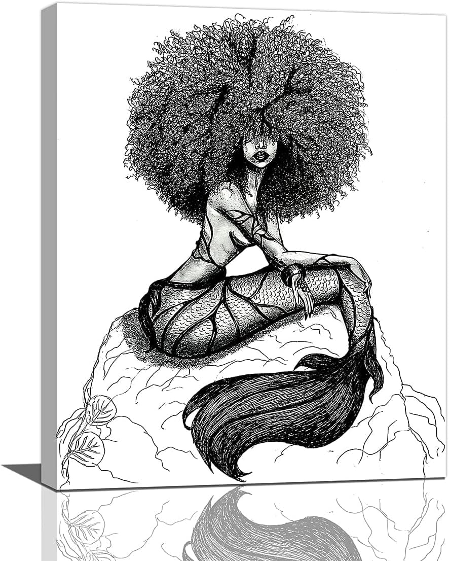 African American Mermaid Wall Art Black Mermaid Pictures Black Girl Mermaid Wall Art Living Room Bedroom Bathroom Framed 16x24 Inch