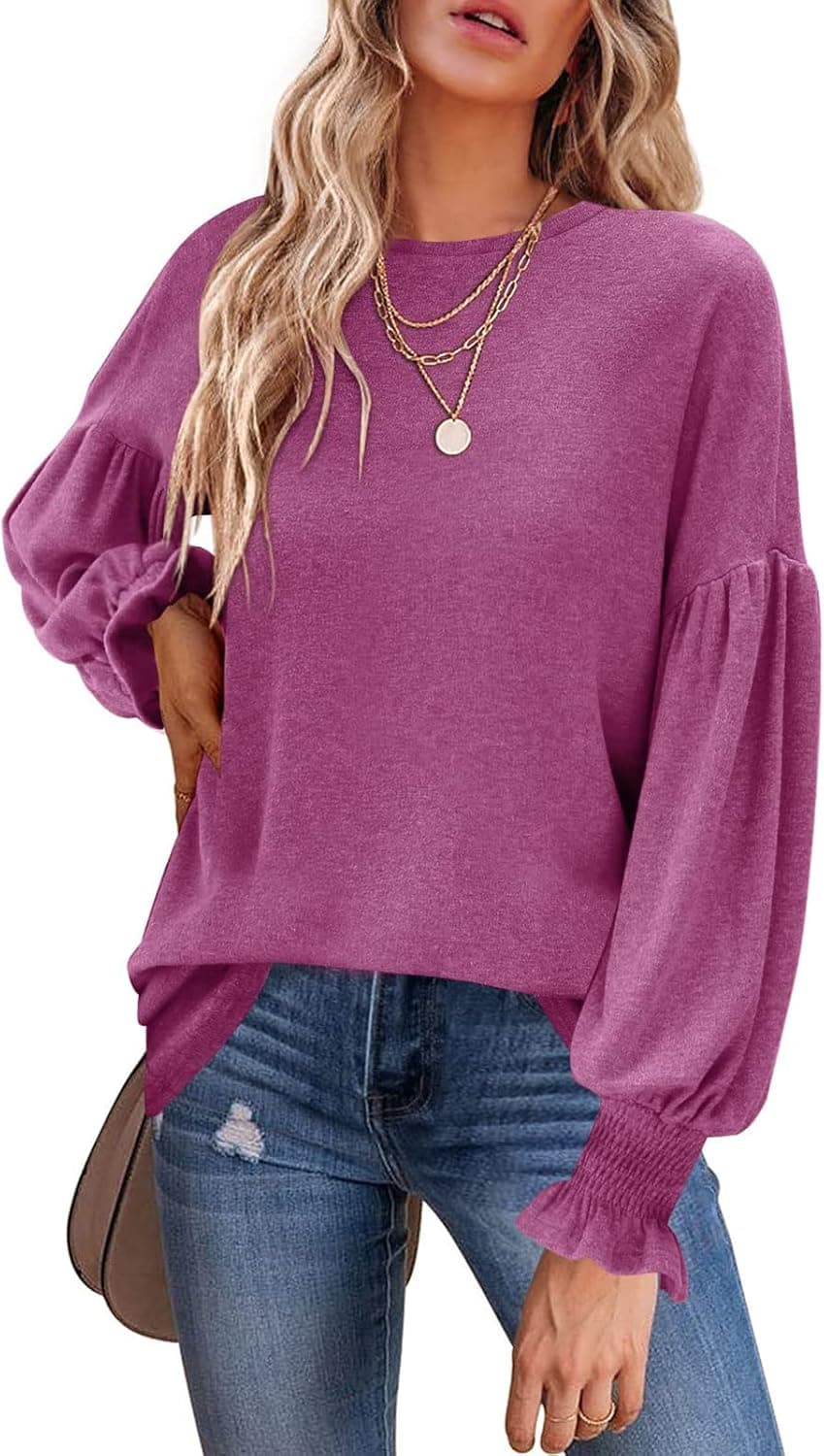 Bydezcon Women's Casual Puff Long Sleeve Shirt Crewneck Tunic Tops Dressy Pleated Loose Lightweight Blouse