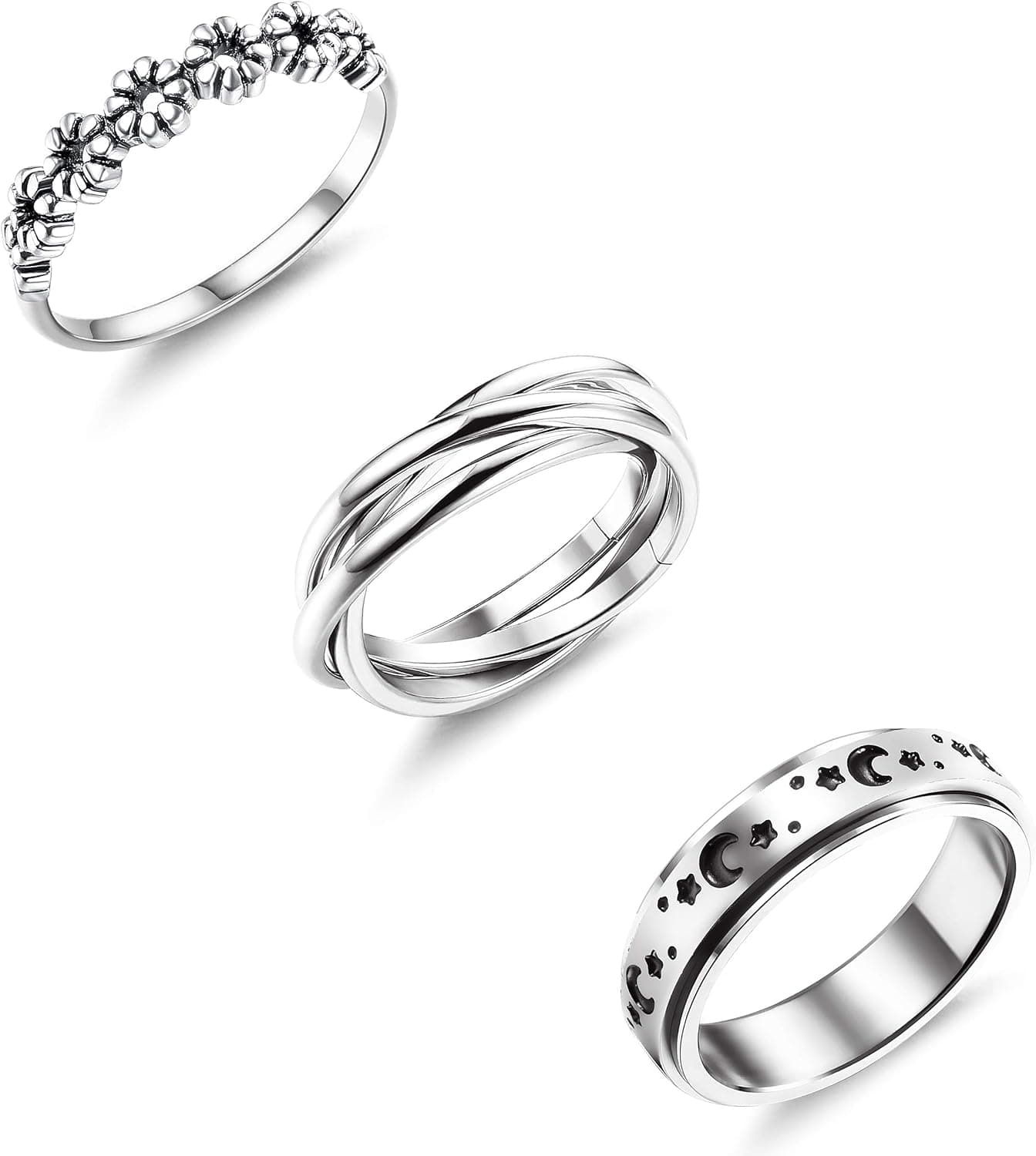 HANPABUM 3pcs Stainless Steel Fidget Band Rings for Women Stress Relief Spinner Rings for Anxiety