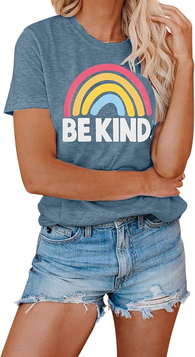 EGELEXY Be Kind T Shirt Women Rainbow Print Graphic Tees Tops Funny Inspirational Saying Casual Short Sleeve Tops Shirts