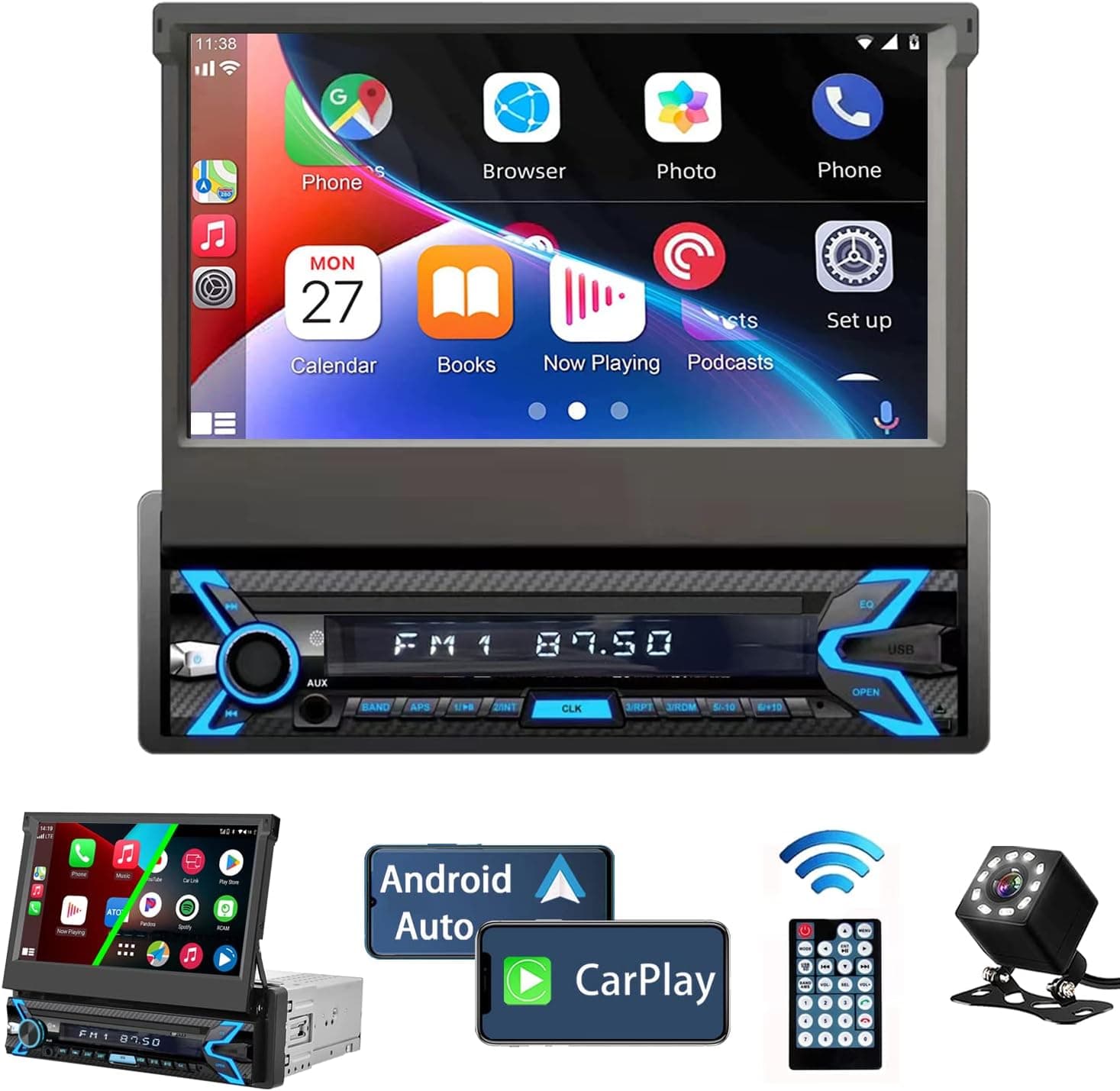 Single Din Car Stereo Compatible with Apple Carplay & Android Auto, 7 Inch Flip Out Touchscreen Car Radio Foldable Car Audio Receivers with Bluetooth/Mirror Link/Camera/FM/SWC/USB/AUX/TF/Subwoofer