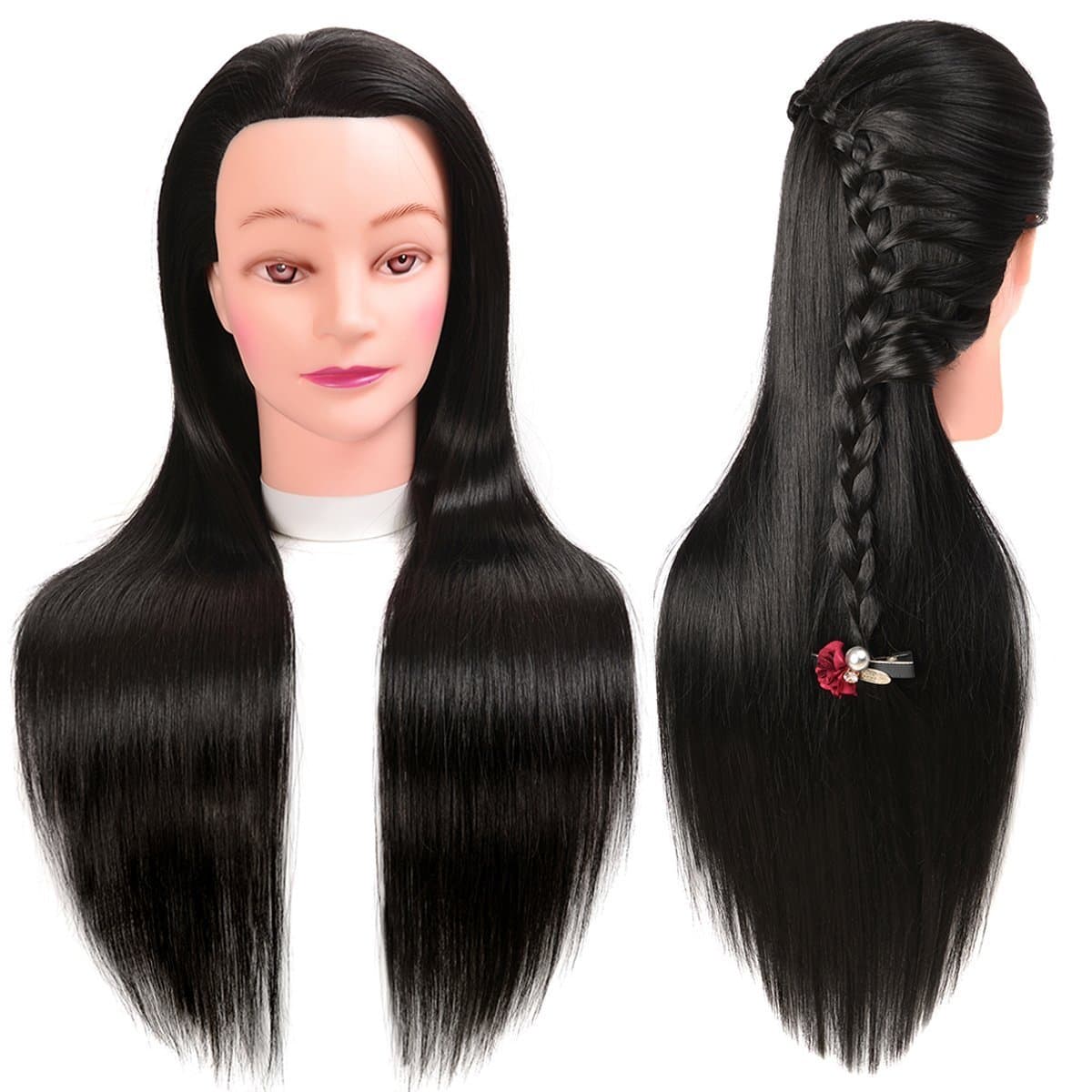 20" Synthetic Cosmetology Mannequin Training Head with Hair and Free Clamp Holder Natural Black