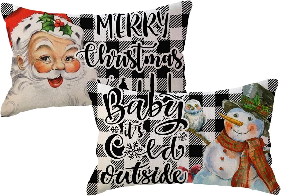 Merry Christmas Y’all Pillow Covers 12x20 Inches Set of 2 Black Buffalo Check Farmhouse Christmas Decorations Santa Claus Snowman Winter Holiday Decorative Rectangular/Lumbar Cushion Case
