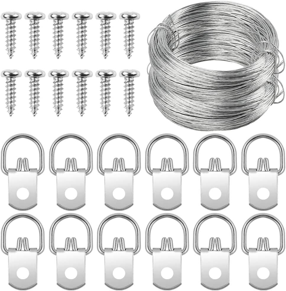 151pcs Picture Hanging Kit Including 75 Pieces D Ring Picture Hangers with 75 Phillips Screws and Picture Hanging Wire (100 Feet) by HongWay