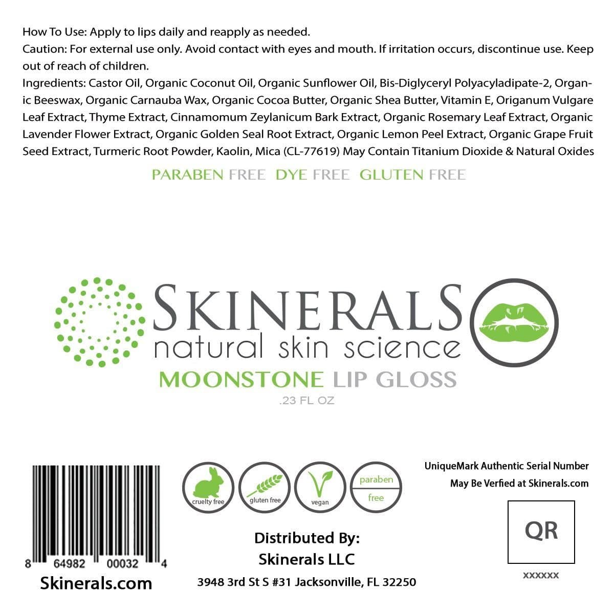 Skinerals Moonstone Lip Gloss – Organic and Natural Ingredients to Moisturize Lips – Gluten-Free, Paraben-Free, Vegan (Glaze Clear)