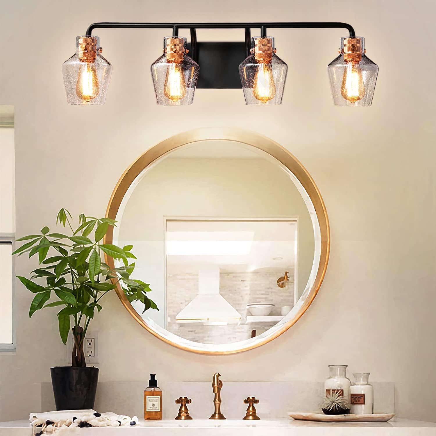 HEWEGO 4 Light Vanity Lighting Fixture Farmhouse Bathroom Light Matt Black Gold Glass Shade Globe Modern Wall Sconce Over Mirror