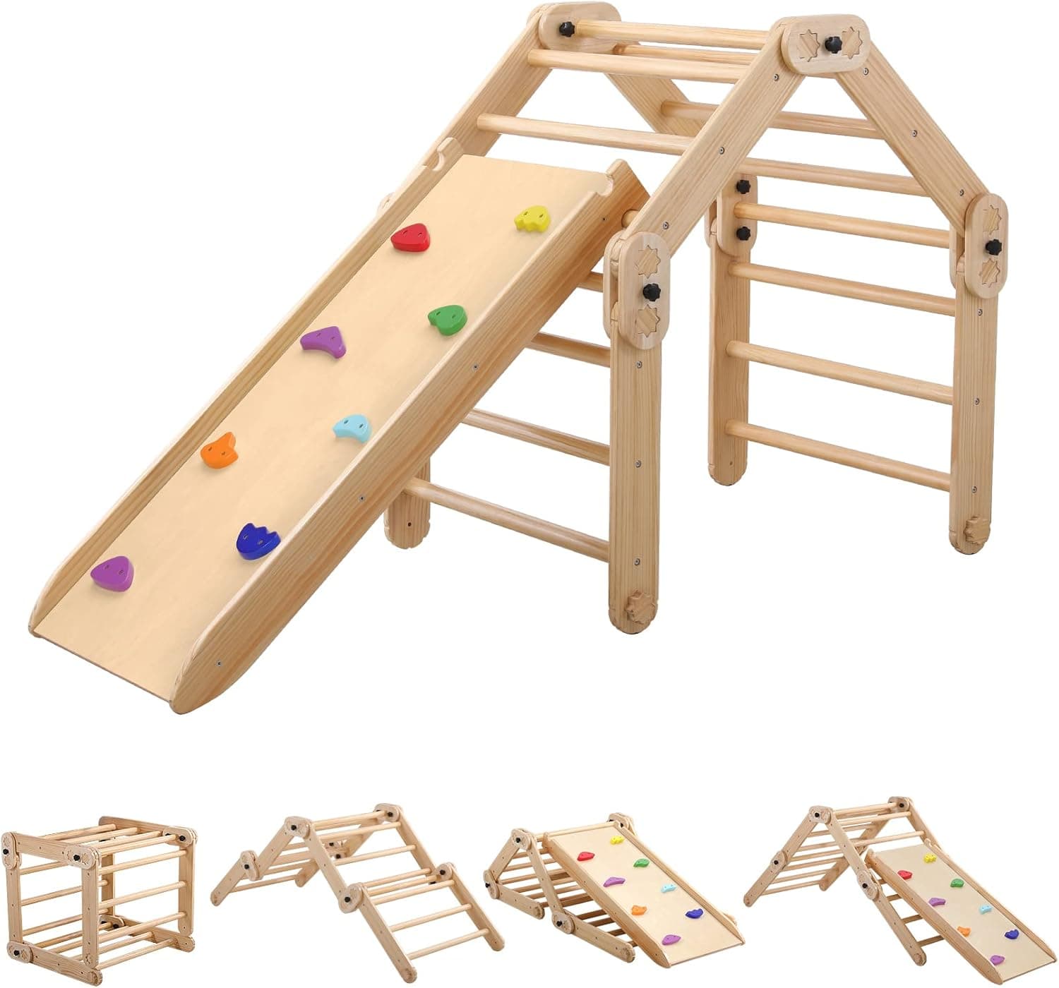 Dripex Pikler Triangle Climber with Ramp, 8 in 1 Foldable Wooden Montessori Climbing Triangle Toys for Sliding Climbing Indoor Outdoor Kids Play Gym for Toddlers