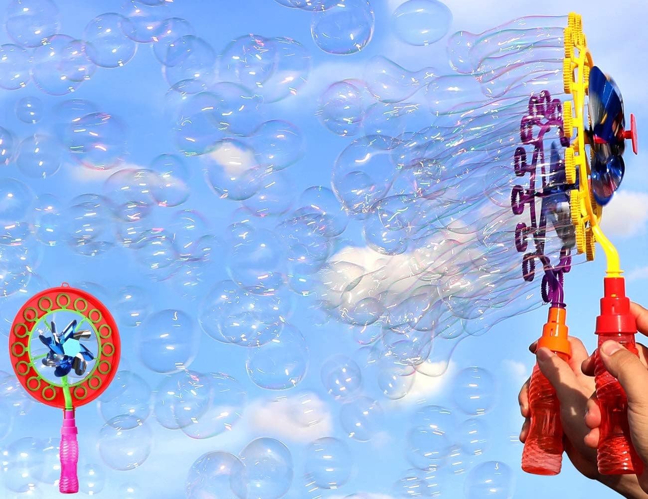 LUDILO Bubble Wands Windmill Bubble Party Favors Toys for Kids Large Windmill Bubble Wand with Bubbles Solution Tray for Summer Outdoor Activity Toys Bubble Sticks Perfect for Boys Girls(Random Color)