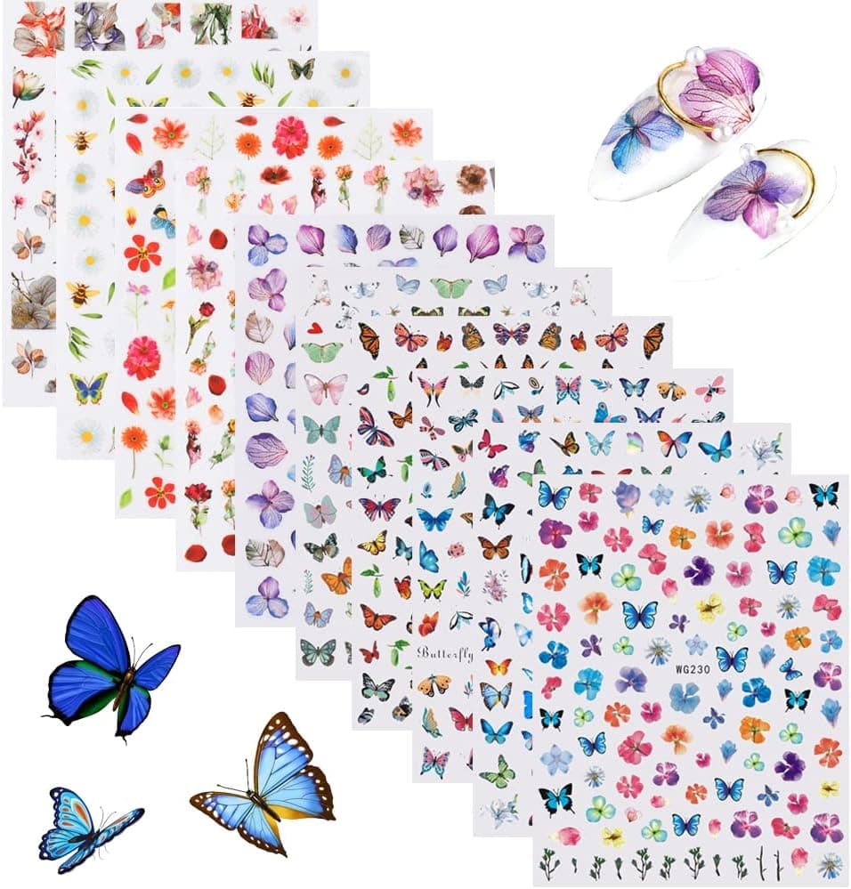 CARILI Nail Art Stickers Decals, 10 Sheets Butterfly Flowers Nail Stickers, 3D Self-Adhesive Nails Design Nail Art Supplies for DIY Colorful Butterflies Flowers Nail Decorations