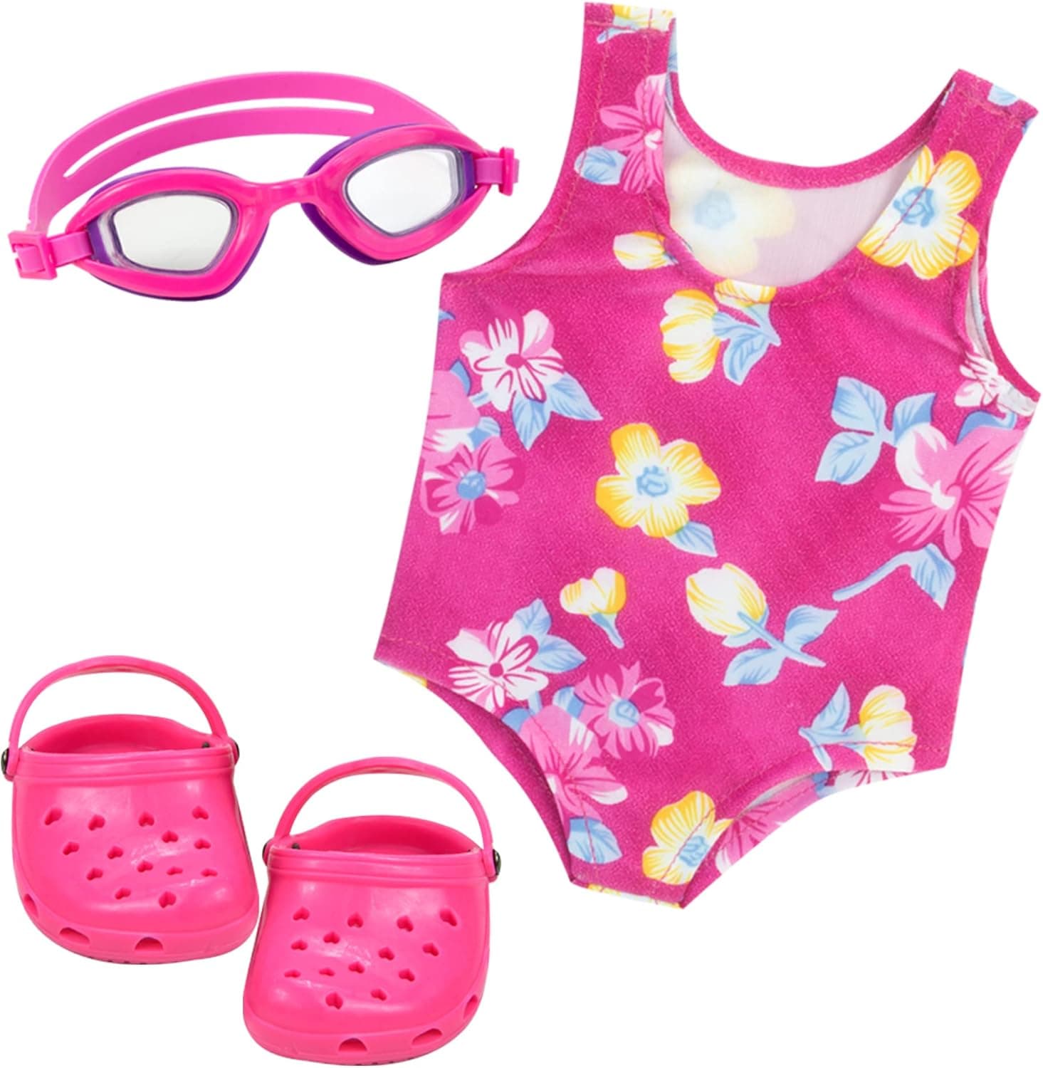 Sophia's 3 Piece Swim Set Includes One-Piece Floral Swimsuit, Water Goggles and Water Sandals for 18 Inch Dolls, Hot Pink