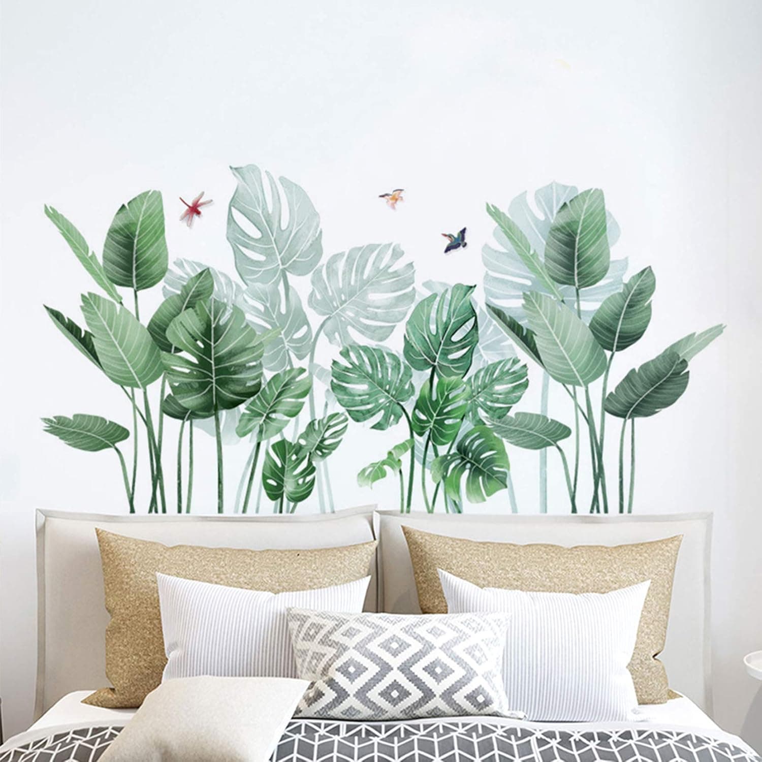 MOLANCIA Tropical Green Leaves Wall Decals, Palms Tree Leaf Wall Stickers, Fresh Plants Nature Monstera Murals, Removable Waterproof Tropical Vinyl Wall Decor for Kids Bedroom Living Home Decorations