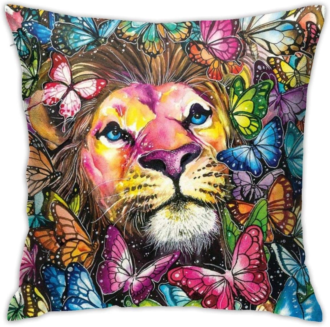 JASMODER King Lion with Colorful Butterfly Throw Pillow Covers Decorative 18x18 Inch Pillowcase Square Cushion Cases for Home Sofa Bedroom Livingroom