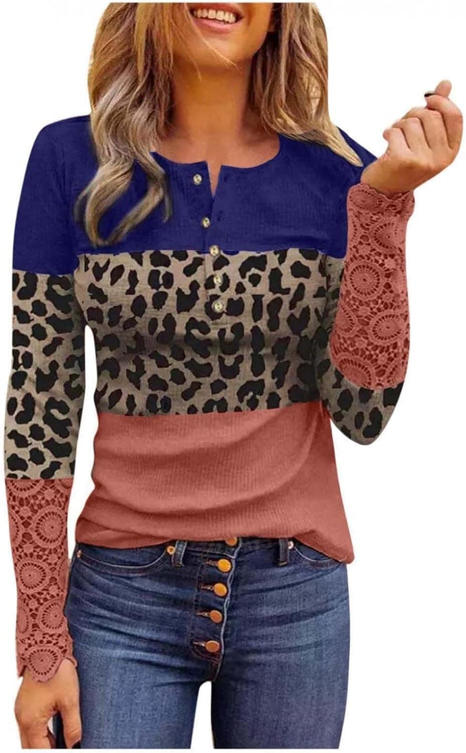 Women Color Block Lace Waffle Knit Henley Shirts Long Sleeve Tops V-Neck Casual Slim Fit Thermal Button Up Tunics Blouse