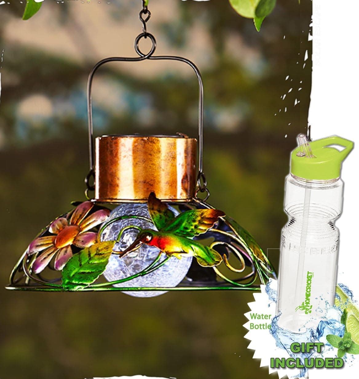 HomeCricket Gift Included- Outdoor Colorful Hanging Solar Powered Garden Crackle Glass Ball Lamps + FREE Bonus Water Bottle by (Hummingbird)