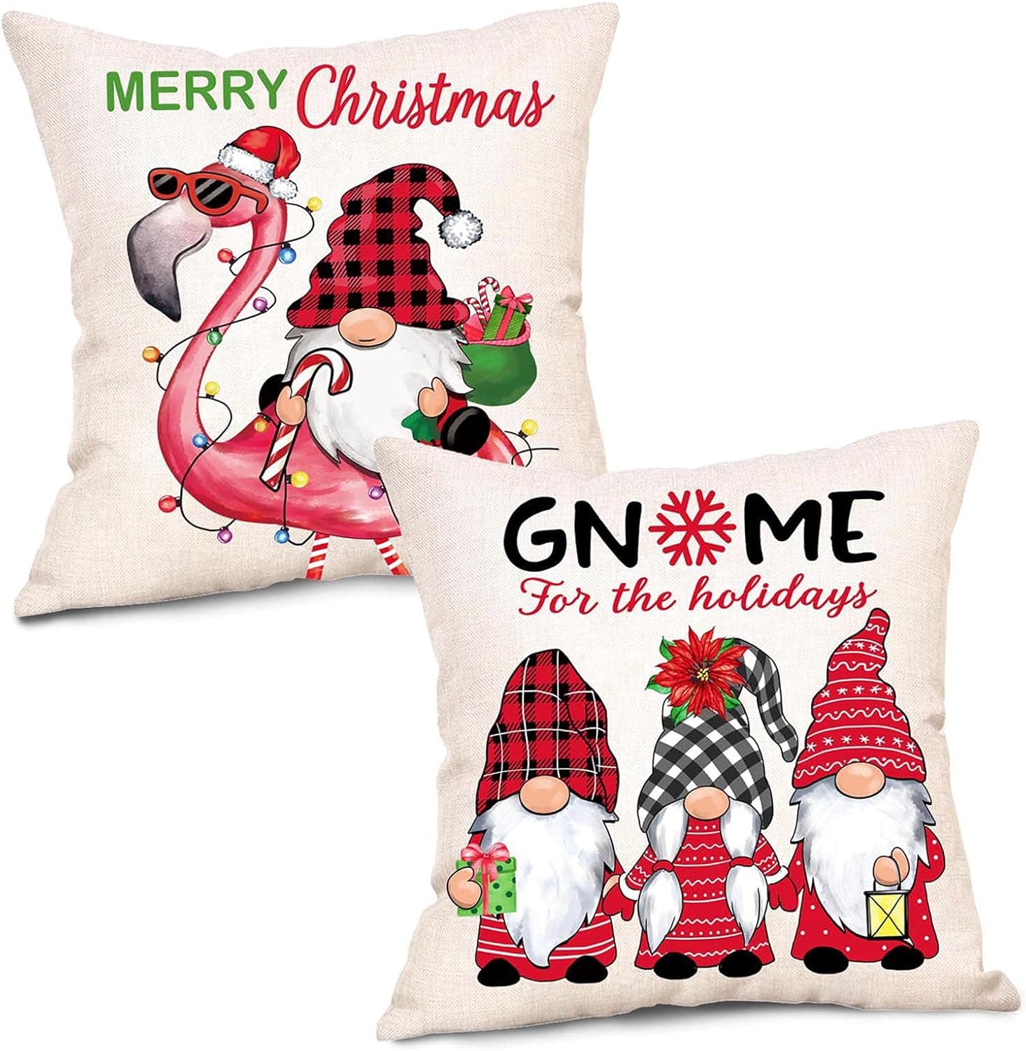 Set of 2 Throw Pillow Covers Gnome Ride on Flamingo Christmas Decor, Christmas Three Gnomes Pillow Case 18 X18 Inch (Christmas)