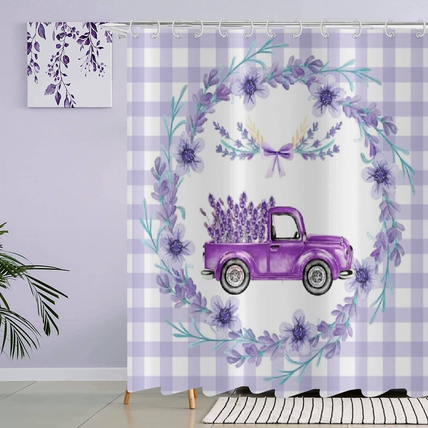 Purple Shower Curtain Purple Lavender Shower Curtain Flower Plant Shower Curtain Lattice Shower Curtain Bathroom Decoration Waterproof Fabric with Hook, 72x72inch
