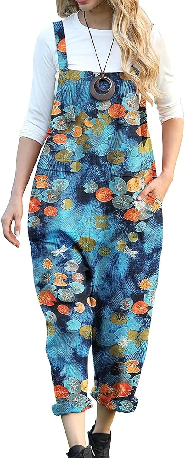 YESNO Women Casual Loose Long Bib Pants Wide Leg Jumpsuits Baggy Cotton Rompers Overalls with Pockets PCR (3XL, TYP1-As Picture02 Jumpsuits)