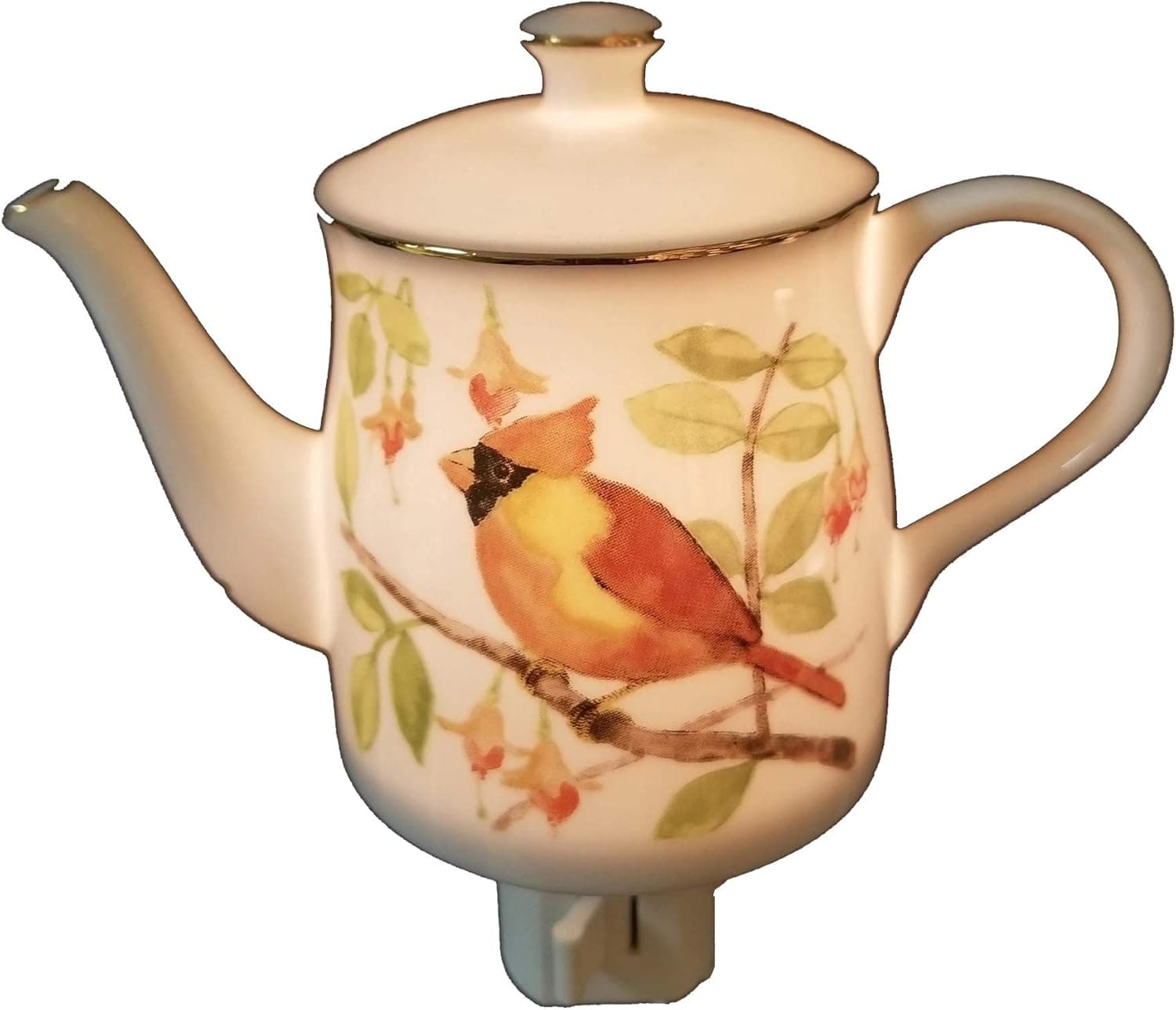 Adeline Porcelain Night Light - Yellow & Red Cardinal On Teapot